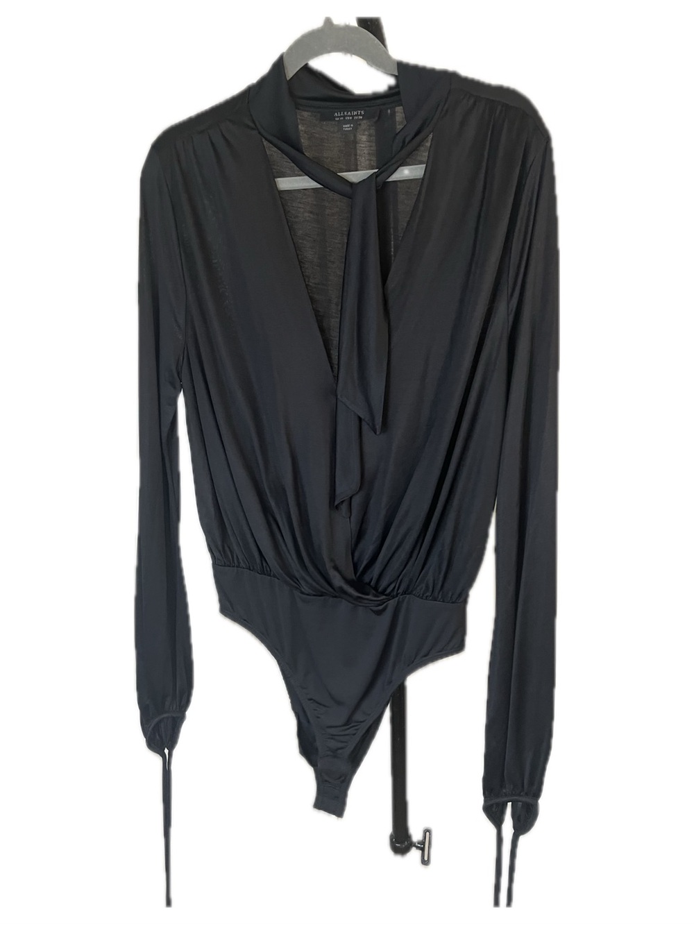 All Saints Goth Drapey Shiny Black Long-Sleeve Tie-Neck Wrap Bodysuit